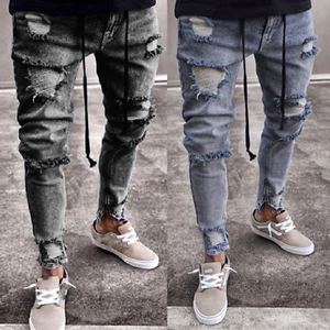 Pantalones de mezclilla ajustados rasgados ajustados elásticos desgastados deshilachados para hombre - Imagen 1 de 9