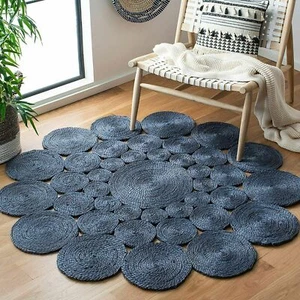 Jute Rug Reversible Round Scalloped Home Decor Area Rug Braided Modern Carpet - Picture 1 of 25