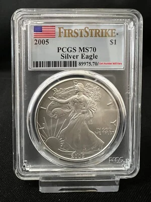 2005 1oz Silver Eagle  PCGS MS70 First Strike -- These are scarce in 1st Strike! - Image 1 of 3