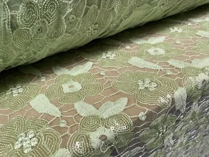 Couture Fabric - Corded Sequinned Embroidered Mesh, Per Metre - Green - Picture 1 of 5