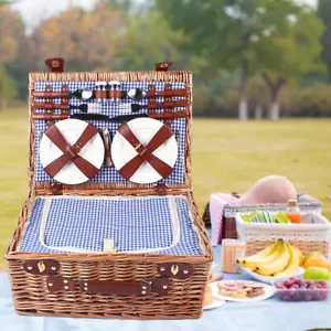 Large Wicker Picnic Basket With Cups Flatware Set Utensils Basket For 4 Person - Picture 1 of 11
