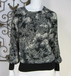 Tegan Long Sleeve Silk Blouse Top Crew Neck Size 2 Black White Floral - Picture 1 of 5