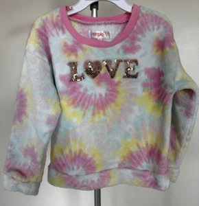 KENSIE GIRL Yellow Pink Tie Dye Fleece Long Sleeve Top Sequins Heart LOVE Size 5 - Picture 1 of 7
