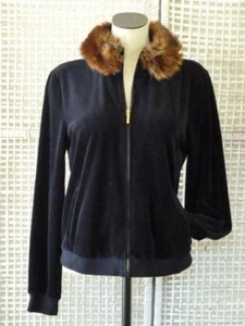 Ralph Lauren Navy Black Velour Track Lounge Zipper Jacket~Removable Fur Collar~L - Picture 1 of 12