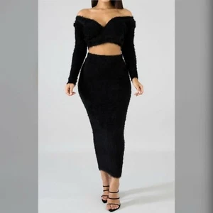 Black Fuzz Winter Fitted Maxi Skirt Crop Top Set - Picture 1 of 3