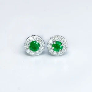 Colombian Emerald Diamond Halo Stud Earrings in 18K Gold - Picture 1 of 4