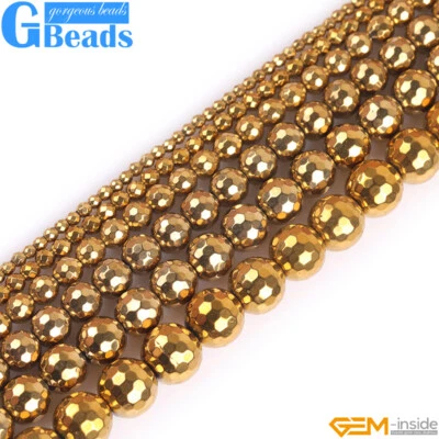 Cuentas redondas facetadas hematita con reflejos recubiertos metálicos dorados 15" envío gratuito Foto 1 de 4