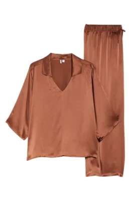 Nordstrom washable silk classic pajama top only!! in mink brown sz S - Image 1 of 4