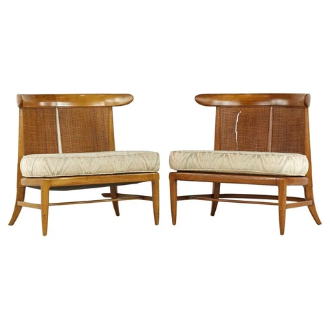 John Lubberts Lambert Mulder for Tomlinson MCM Cane and Walnut Slipper Chairs Cover