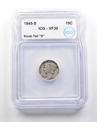 1945-S Mercury Dime Mint Error Knob Tail "S" VF30 ICG *1713 - Image 1 of 3