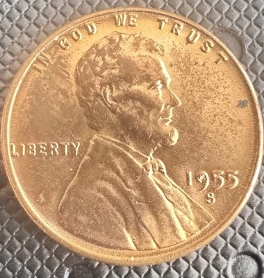 Centavo de trigo Error 1955-s/Bu, UNC, troquelado a través de culata de trigo, troquel astillado en fecha 9 Foto 1 de 4