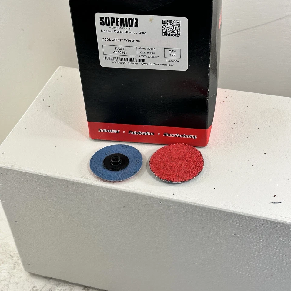 Lot Of 100 Superior Abrasives 2" Coated  Sanding Discs A016251 36 Grit Type S-36 - Image 1 of 4