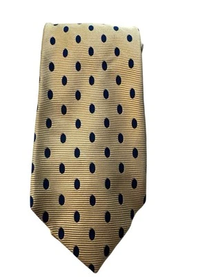 LANDS END Mens Silk Tie Necktie Light Yellow Small Blue Dots. Made In USA 59" - Image 1 of 4