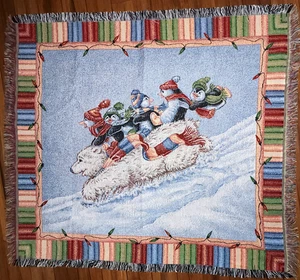 Manta Vintage Navidad Oso Polar Pingüinos 48 x 56 HECHA EN EE. UU. Mohawk - Imagen 1 de 9