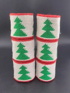 VTG Set 6 Christmas Tree Counted Crossstitch Napkin Rings~Handmade  - Picture 1 of 5