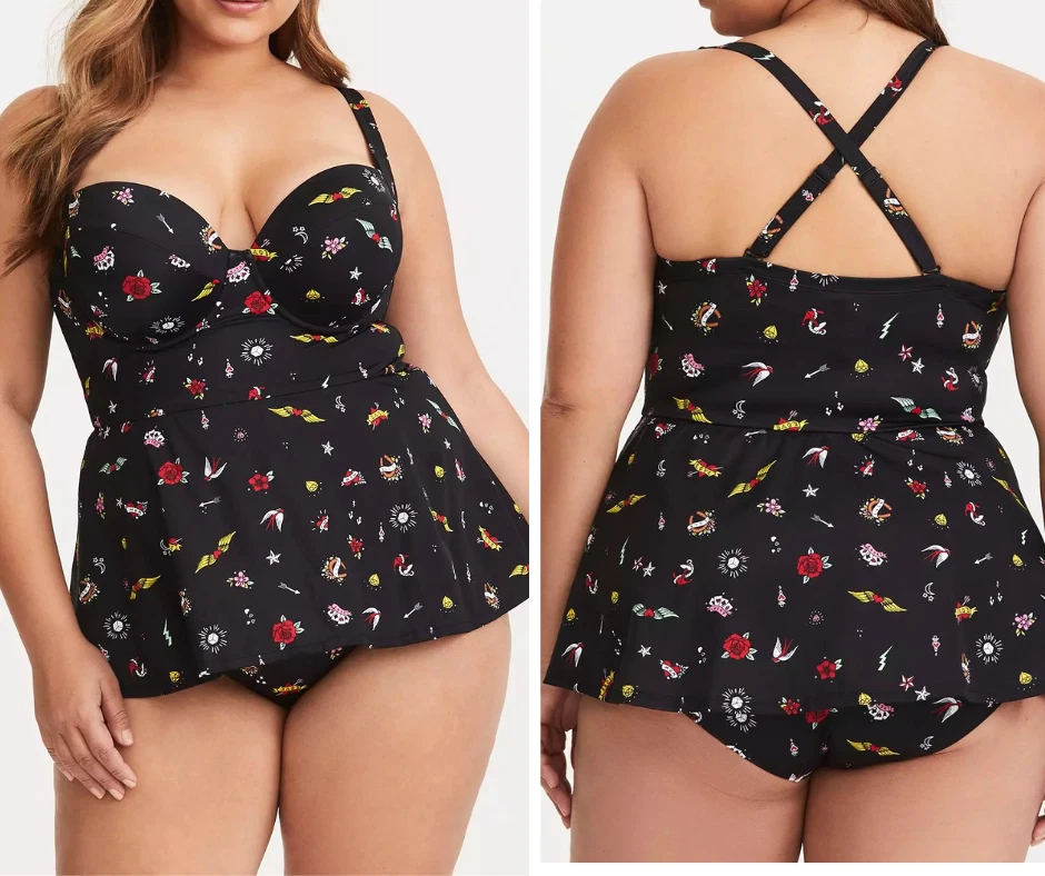 Torrid Swim 黑色 Tatoos 钢圈聚拢裙 1 件泳装,尺寸 1 1X 14 16 — 第 1/4 张图片