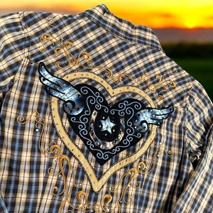 Panhandle Slim Shirt Women Small Pearl Snap Embroidered Western Heart Rhinestone - Picture 1 of 16