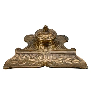Vintage Victorian Gilded Brass Inkwell Fountain Pen Stand - Picture 1 of 9