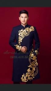 Black or Navy Blue Embroidered, Vietnamese Traditional Long Dress for Men - Picture 1 of 9