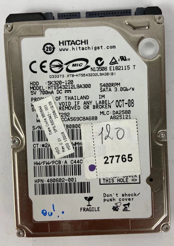 Hitachi 120gb HTS543212L9A300 220 0A90002 01 480602-001 Hard Disk HDD 2.5 SATA - Image 1 of 1