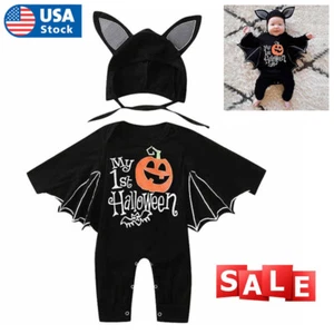 NEW Baby Boys Bat Long Sleeve Halloween Romper Jumpsuit Costume Hat Outfits Sets - Picture 1 of 9