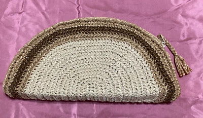 Bolsa Clutch Vintage Meia Lua Ráfia Tecido de Palha Feita no Japão Bege Marrom - Imagem 1 de 4