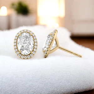 Diamond Earring Studs Oval 2.30 Ct Certified IGI GIA Lab Grown 14K Yellow Gold - Picture 1 of 8