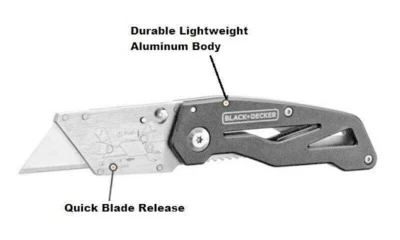 CUCHILLO UTILITARIO CUERPO ALUMINIO PLEGABLE NEGRO+DECKER/CAMBIO RÁPIDO DE HOJA Y CLIP DE CINTURÓN Foto 1 de 4
