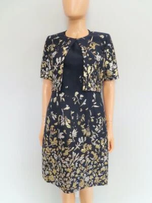 Oscar de la Renta Negro/Azul Marino/Metálico Floral Vestido Traje-Vestido EE. UU. 8/Chaqueta EE. UU. 4 Foto 1 de 4