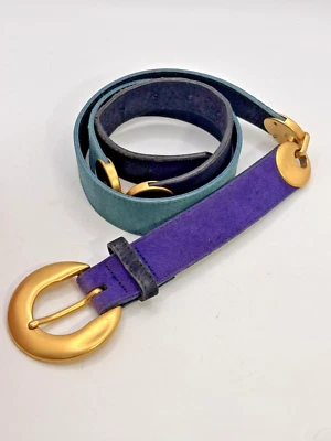 Cinturón de discoteca Doncaster XL gamuza púrpura verde azulado herrajes dorados hecho en EE. UU. años 80 de colección Foto 1 de 4