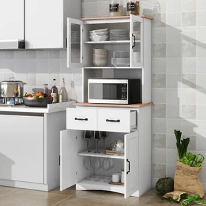 Wooden Kitchen Cabinet White Pantry Storage with Glass Doors and Drawer - Picture 1 of 12