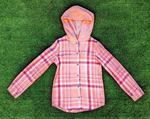 Btween Pink Plaid Girls Pop Button-Up Hoodie L/S Cotton Blend Shirt Sz 8 EUC - Picture 1 of 3