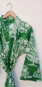 Indian Cotton Tree Kimono Handmade Kimono Green Bath Robes Night Maxi Gown Robes - Picture 1 of 3