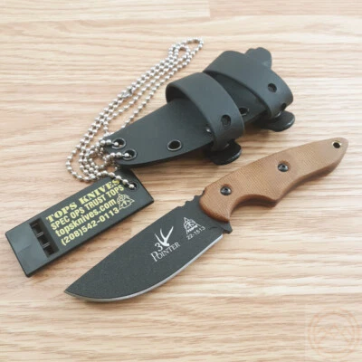 Cuchillo fijo TOPS 3 punteros 3,13" 1095HC hoja de acero lona bronceada mango Micarta Foto 1 de 4