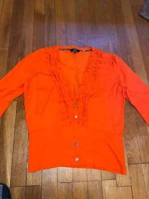 JULIEN MACDONALD Knit Pullover Size 20 Plus Orange Star V-Neck Ruffle Button - Image 1 of 2