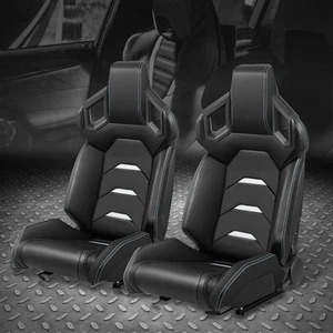 Pair of Universal Black Vinyl White Stitching Reclinable Racing Seats w/ Sliders - Picture 1 of 8