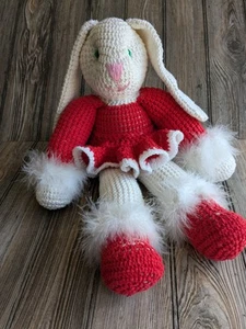 Hand Crochted Big Red and White Easter Bunny Rabbit Plush Toy with Feather - Picture 1 of 20