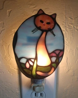 Atomic Cat Stained Glass Night Light Plug-in Vintage Decor Art Deco Siamese RARE - Image 1 of 3