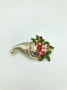 Vintage Signed BJ Beatrix Cornucopia Brooch - Gold Tone Presents Christmas - Picture 1 of 5