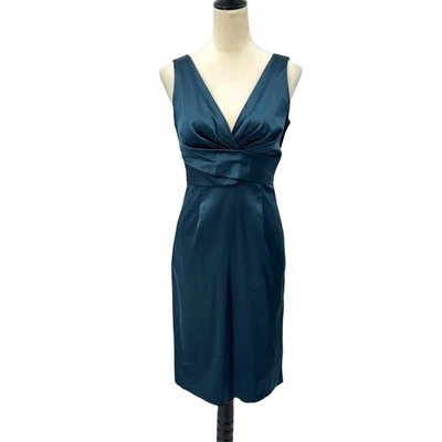 Donna Ricco 6 Navy Teal Satin Pleated Bust Sleeveless Cocktail Bridesmaid Dress - Image 1 of 4