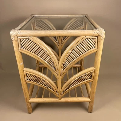 Vintage Bamboo Coffee Table Square Glass Top Retro Slatted Base Rustic Rattan - Image 1 of 4