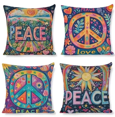 Peace Sign Pillow Covers Set Of 4 Zipper Closure COVERS ONLY 18x18" Hippy Decor  - Image 1 of 4