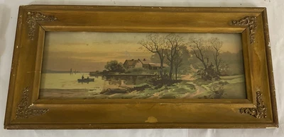 c1900 Vintage Quintal Longo Antigo Casa de Campo Paisagem Panorâmica Arte Quadro Gesso - Imagem 1 de 4