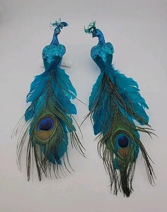 2 Large Teal Turquoise Sequin Glitter Peacock Clip On Christmas Ornaments  - Picture 1 of 8