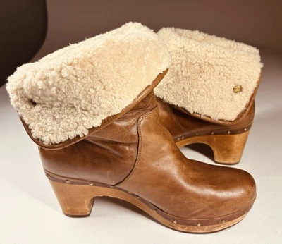 Botas UGG Lynnea para mujer talla 8 tacón de cuero zueco de madera cuero piel vintage Foto 1 de 4