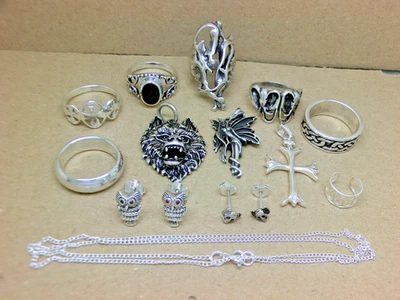 Konvolut Silberschmuck 925 Silber 13 Teile Ringe Anhänger Halskette Ohrstecker - Bild 1 von 4