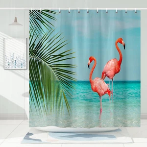 Beach Shower Curtain With Flamingo Blue Teal Sea Pink Flamingo Bath Curtain Trop - Picture 1 of 7