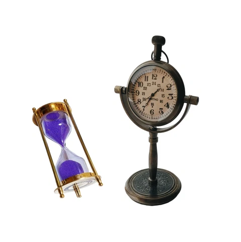 Lot Of 2Pcs Brass Sand Timer & Full Brass Table/Desk Clock Collectible Gift Cover