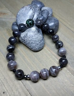 Pulsera Piedra Lunar Negra Y Larvikita Cristal Elástico Curativo 7" Foto 1 de 4