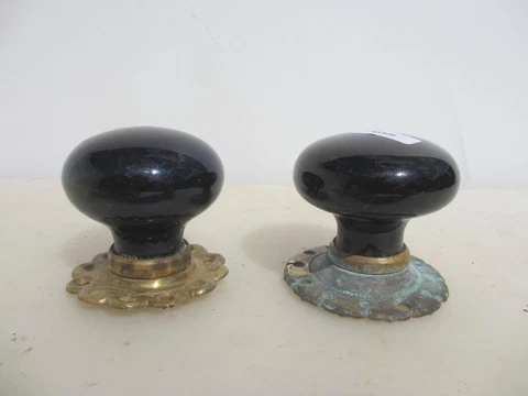 Antique Ceramic Door Handles Knobs Old Vintage Art Deco Black Brass Plates ODD Cover